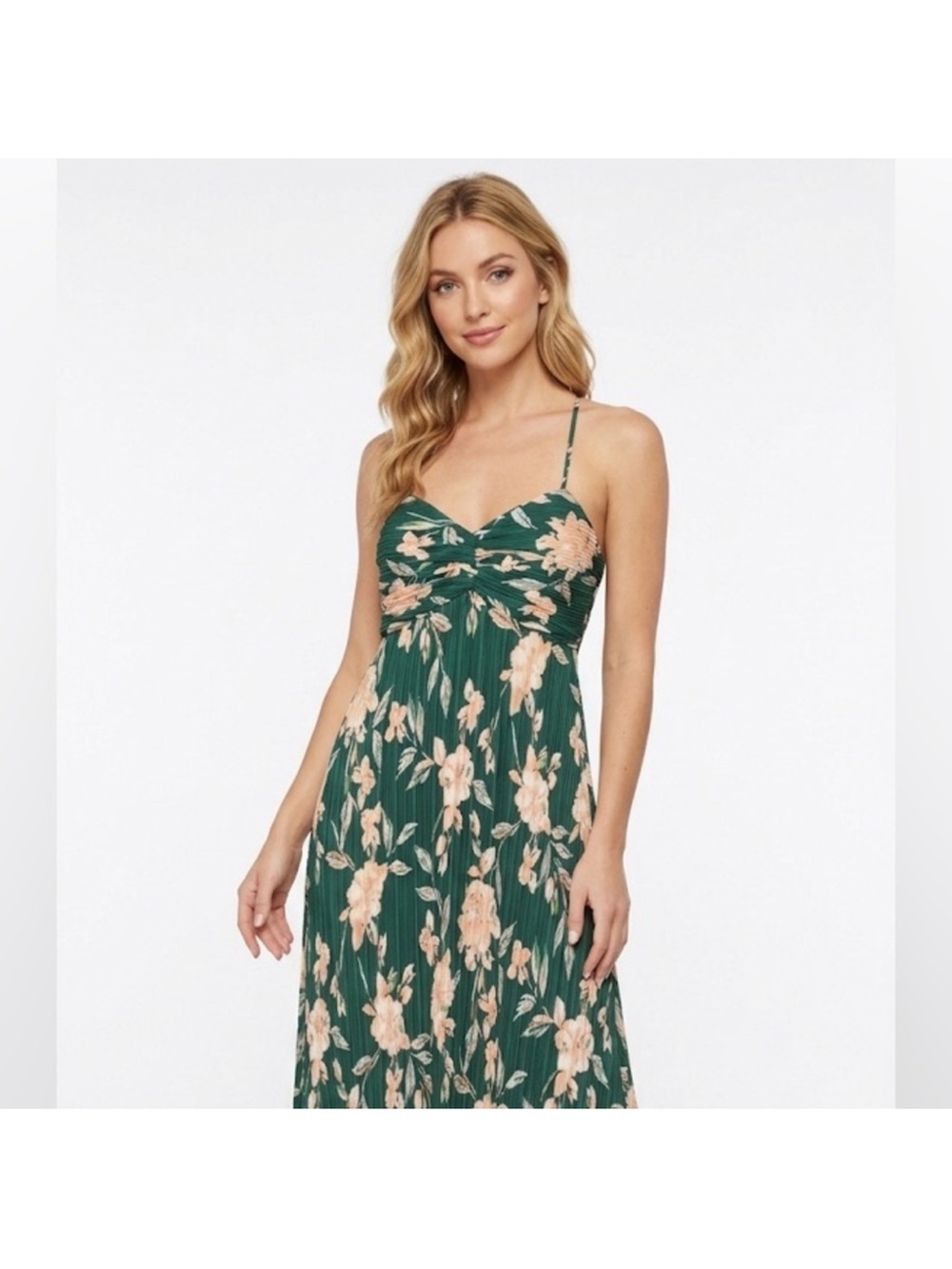 a new day Green Floral Midi Dress with Peach Blooms